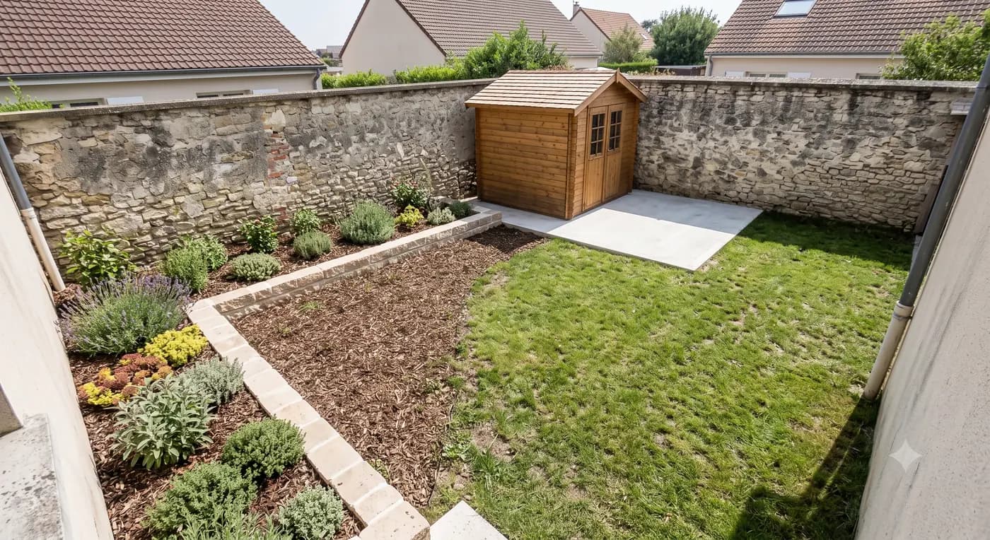 Jardin d'angle avec abri de jardin - après travaux